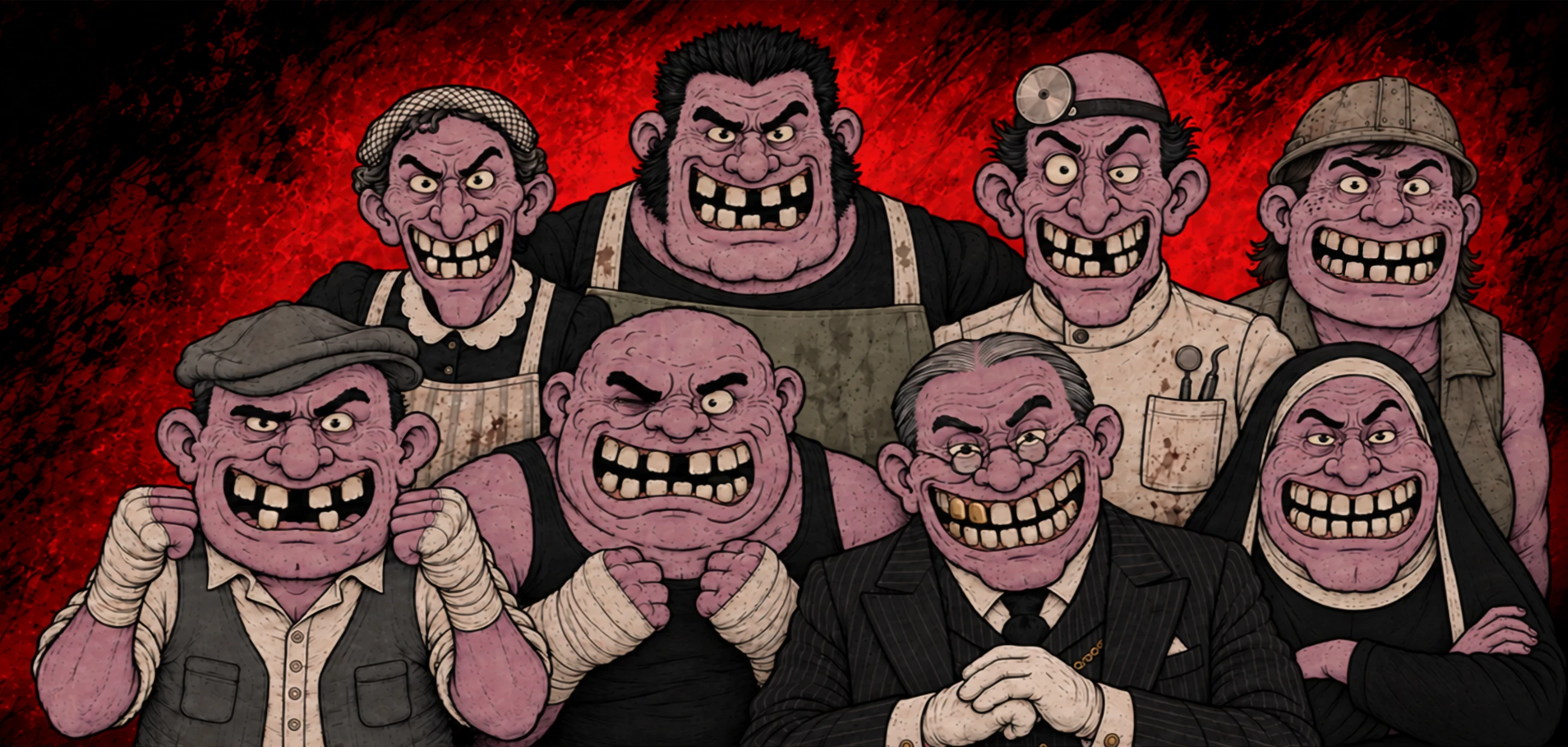 The cast of Tooth for Tooth: eight grinning, ink-drawn fighters with missing and gold teeth on a blood-red backdrop.