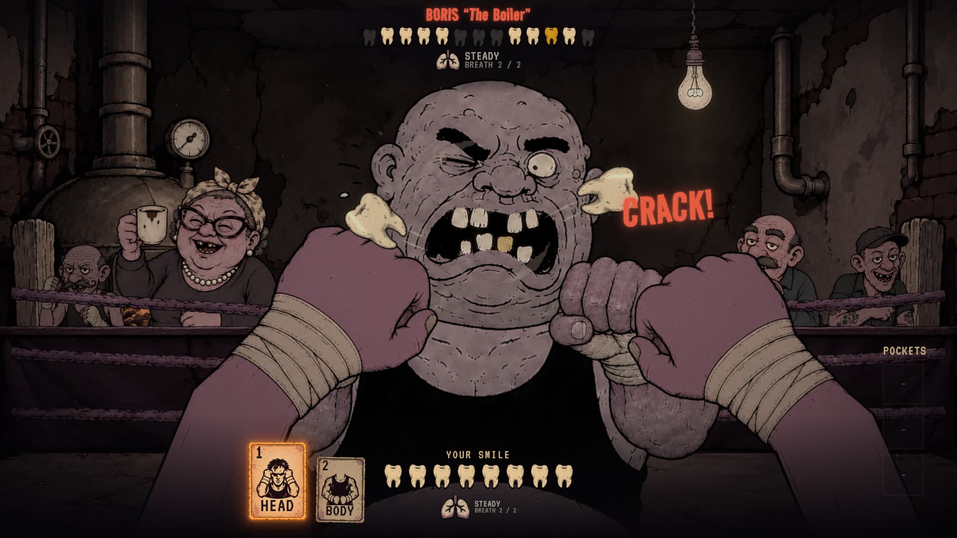 First-person fight with Boris in a dim boxing ring; teeth fly from his mouth as the player lands a punch.
