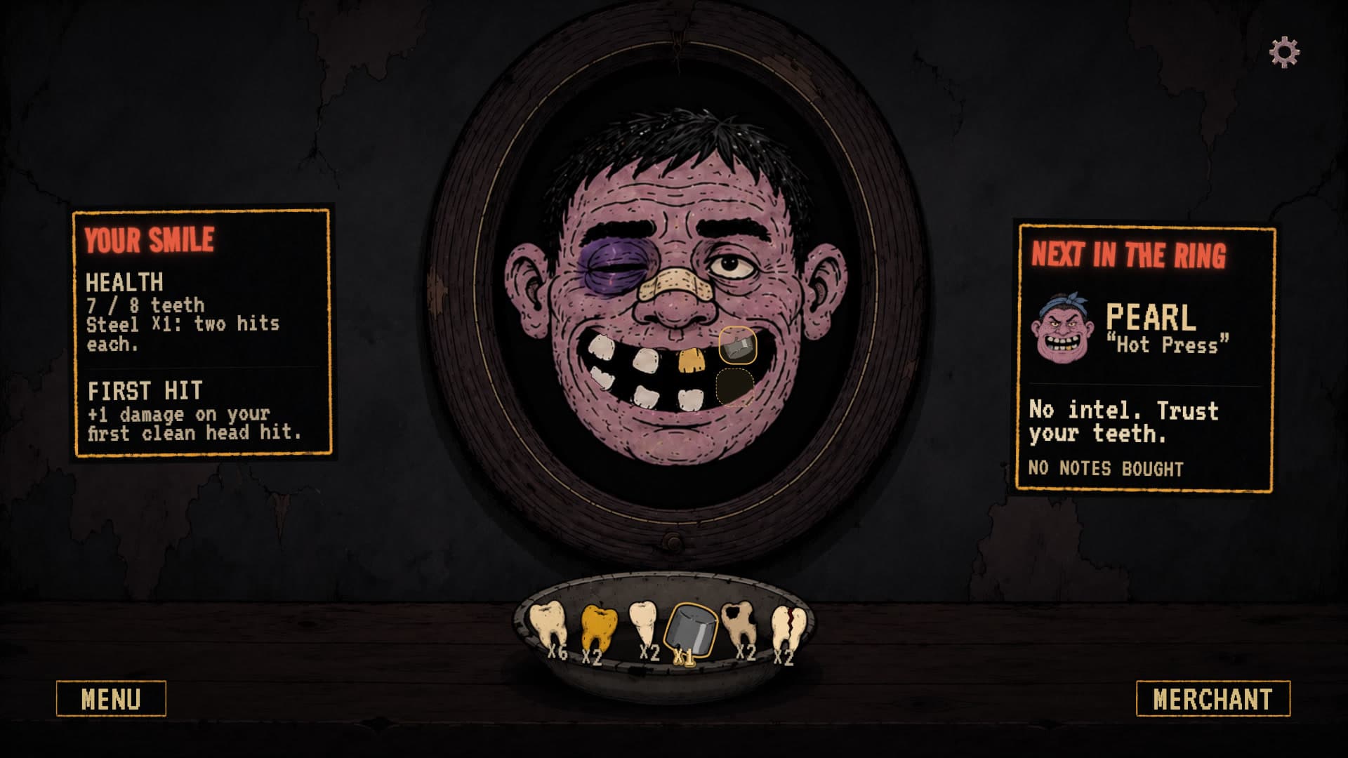 A bruised fighter looks into an oval mirror; tooth types sit in a tray below, with health and next-opponent information at the sides.