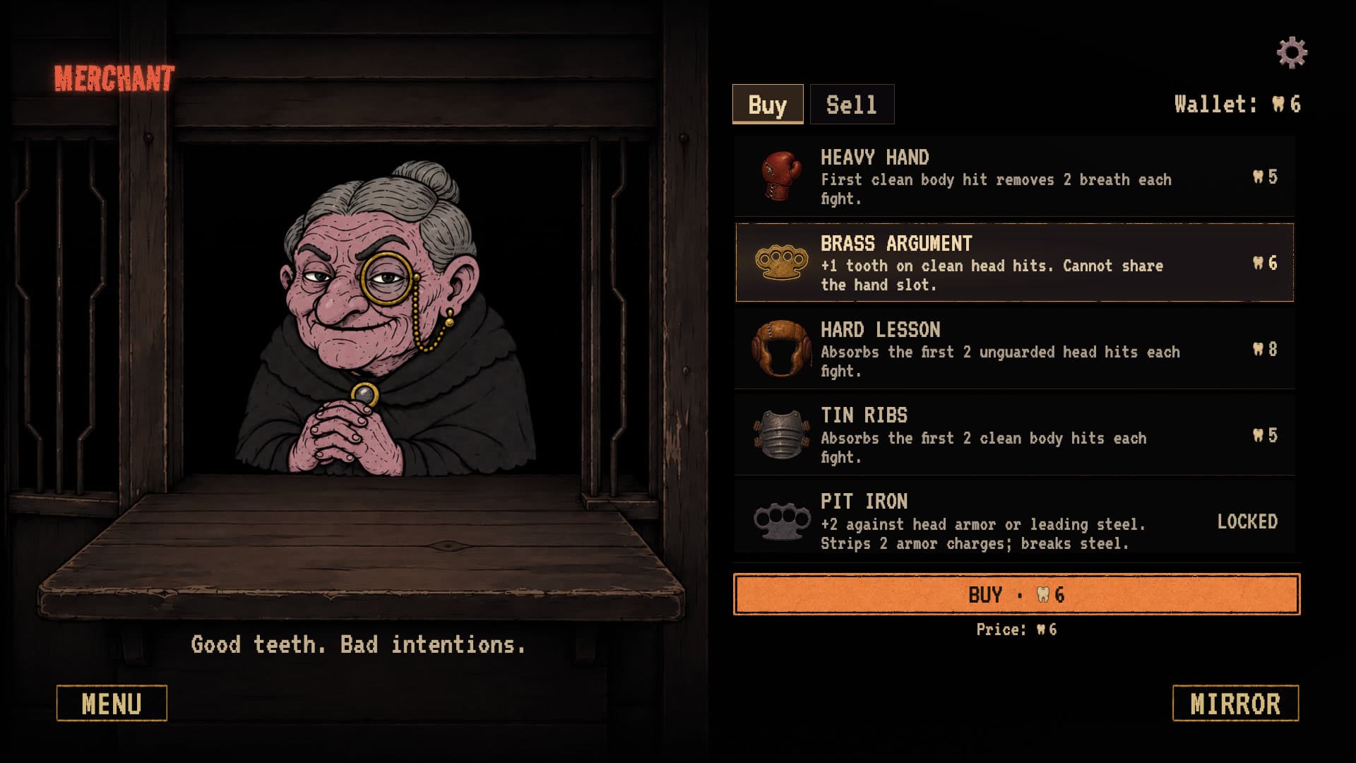 A merchant stands behind a counter beside a shop menu listing equipment, tooth prices, and a Buy button.