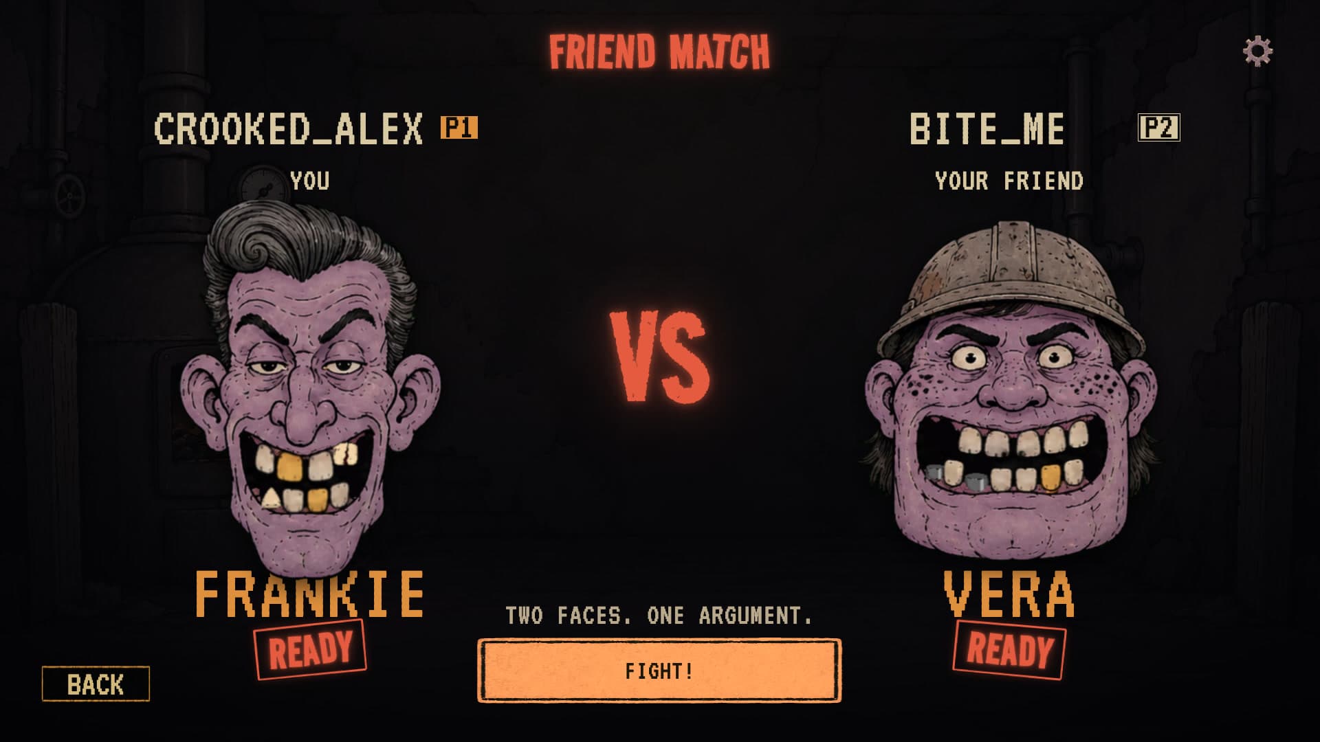 The Friend Match screen shows Frankie and Vera facing off, with both players marked ready and a Fight button below.